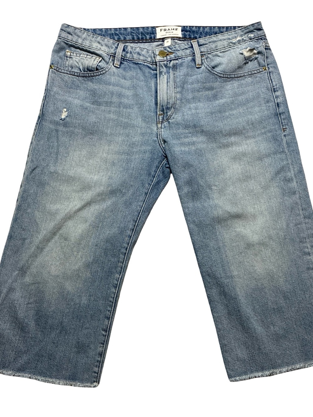 FRAME Denim Long Cutoff Jorts Light Wash Frayed Hem Low Rise Size 28 Distressed